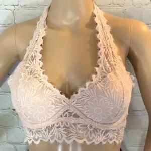 Victoria's Secret PINK Floral Eyelash Lace Lightly Lined Halter Bralette, Sz S